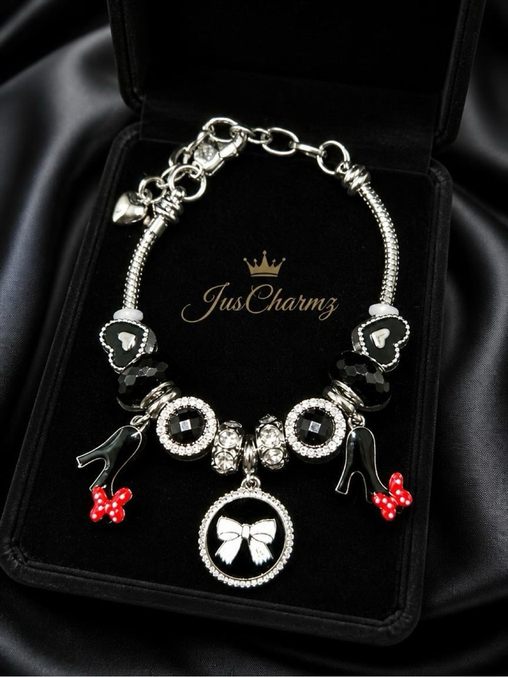Black & Silver High Heel Bow Charm Bracelet